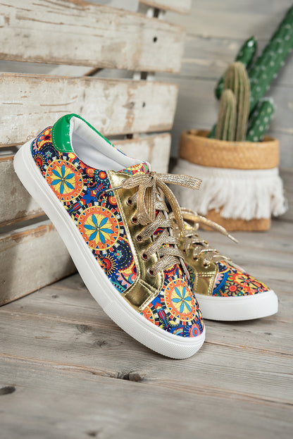 Gold Boho Geometric print Lace Up Sneakers