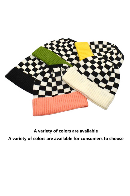 Spinach Green Checkered Color Block Unisex Winter Beanie Hat