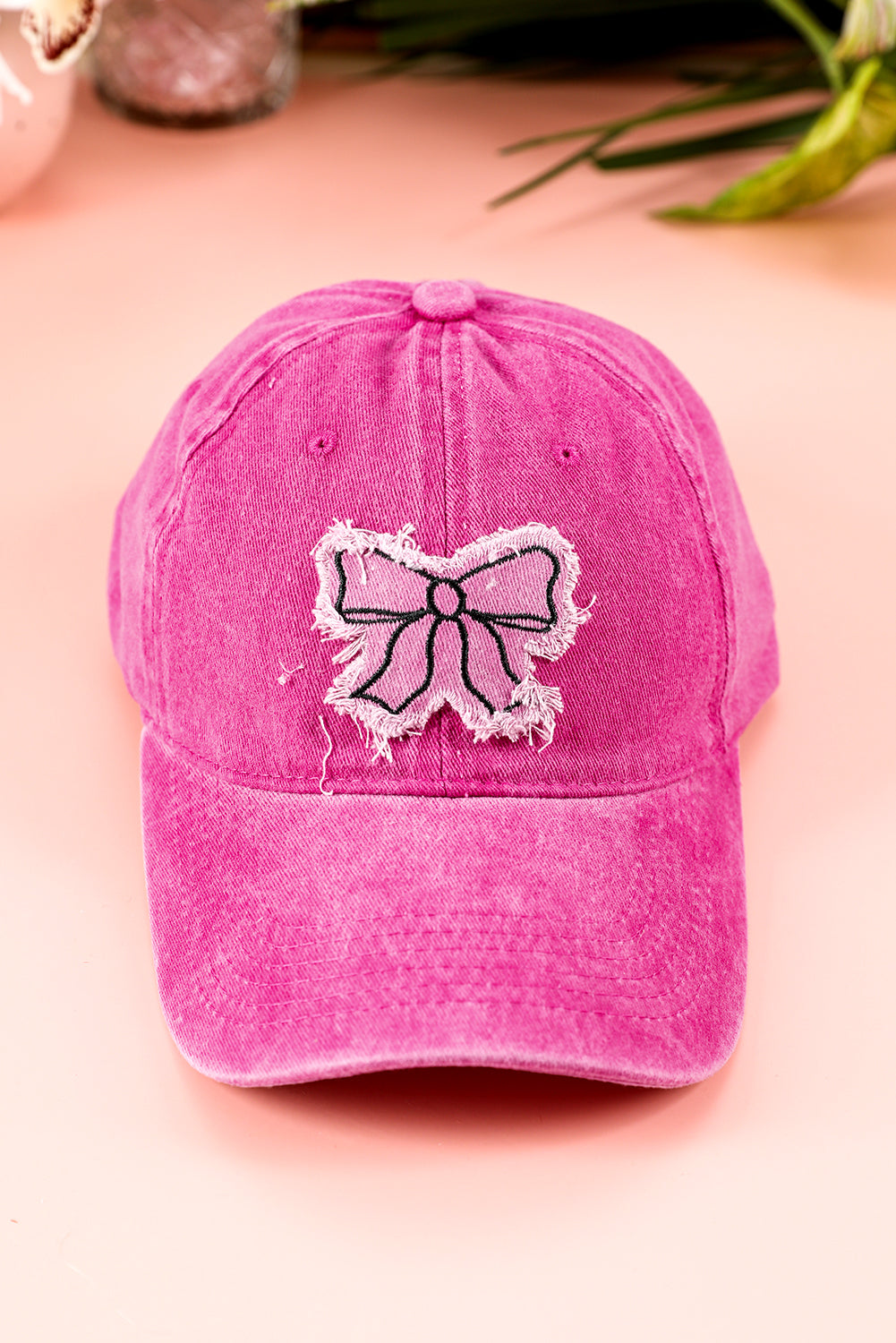 Rose Red Distressed Bow Patched Baseball Cap