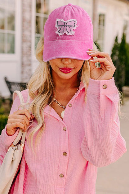 Rose Red Distressed Bow Patched Baseball Cap