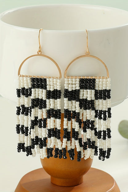 Black Checkered Beaded Tassel Bohemian Hoop Earrings