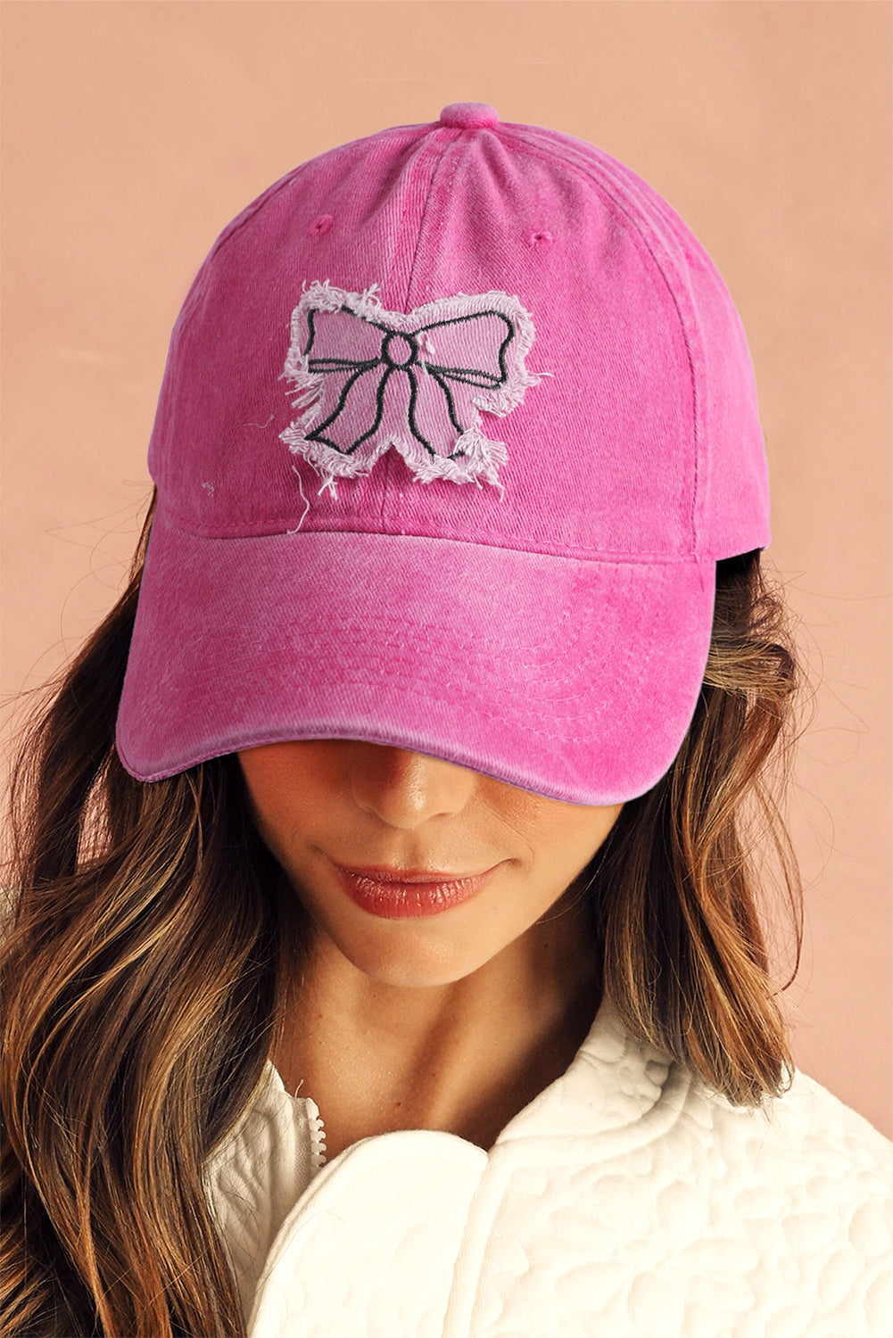 Rose Red Distressed Bow Patched Baseball Cap