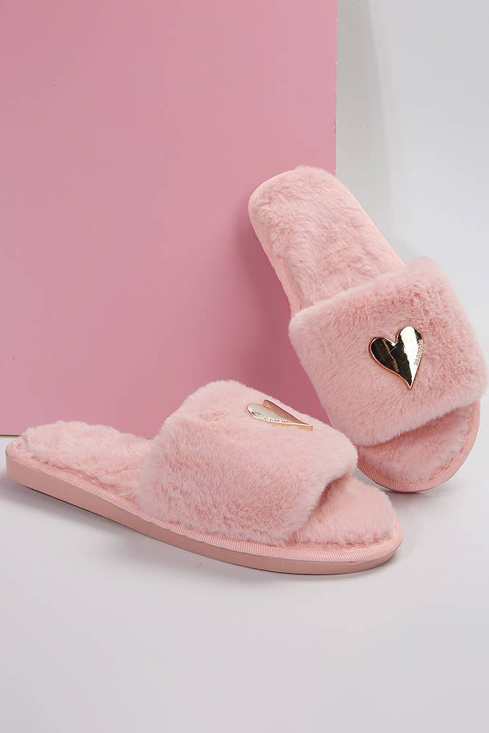 Black Heart Open Toe Plush Slippers