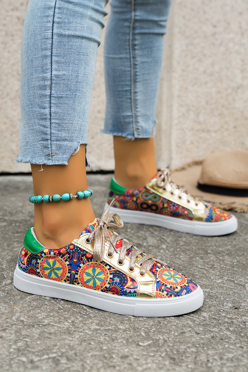 Gold Boho Geometric print Lace Up Sneakers