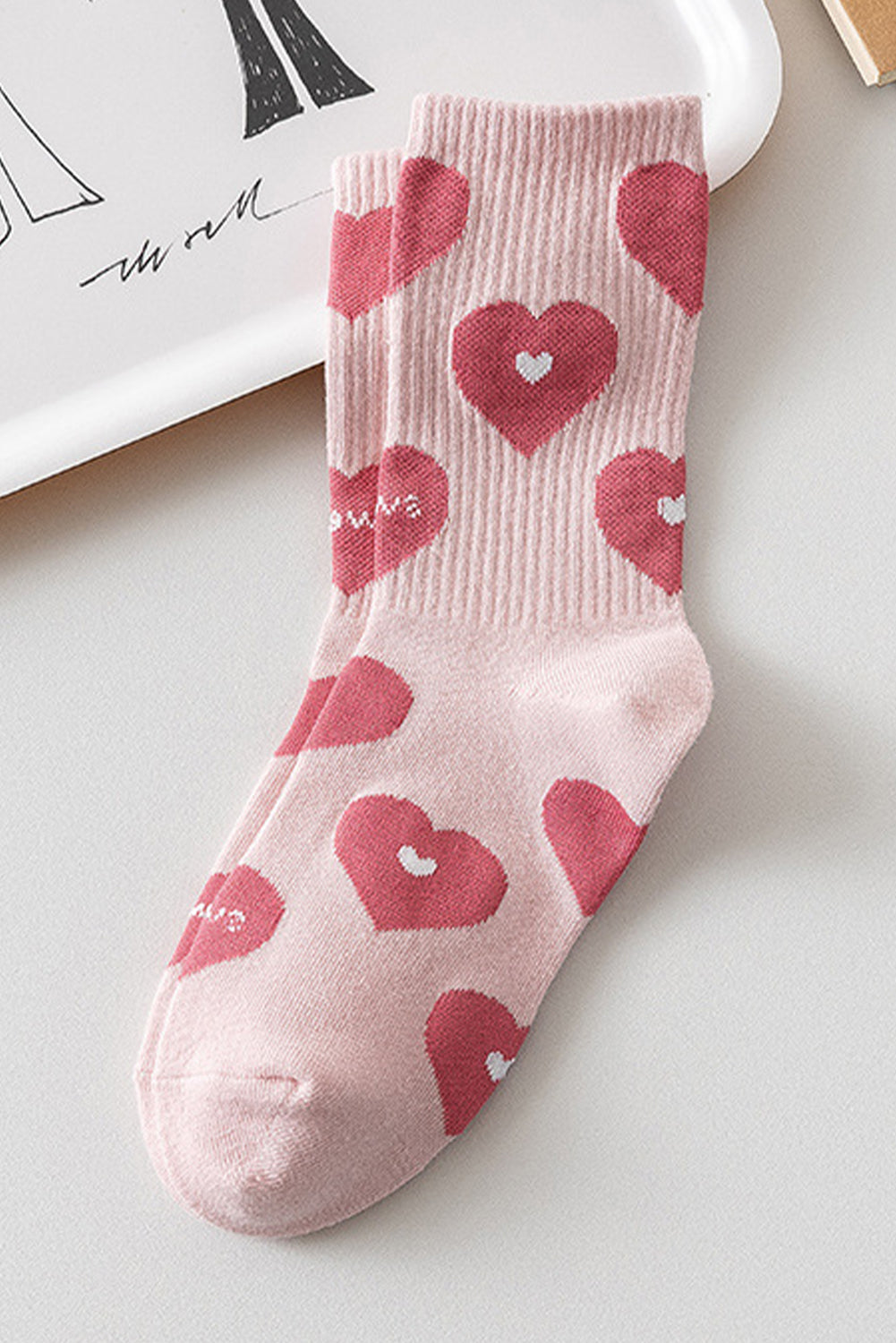 Light Pink Heart Print Ribbed Trim Soft Crew Socks