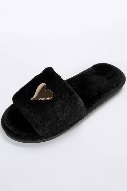 Black Heart Open Toe Plush Slippers