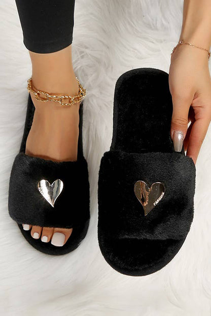 Black Heart Open Toe Plush Slippers