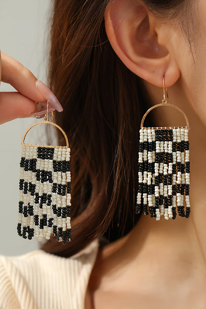 Black Checkered Beaded Tassel Bohemian Hoop Earrings