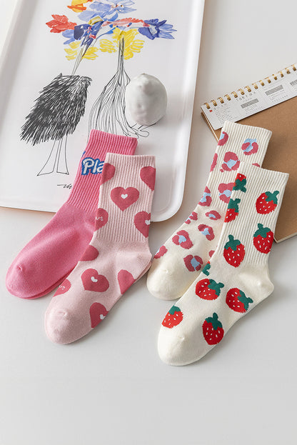 Light Pink Heart Print Ribbed Trim Soft Crew Socks