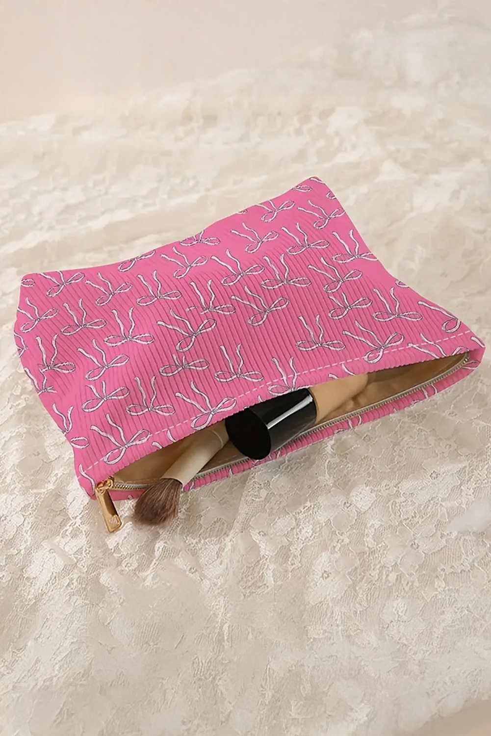 Bright Pink Valentines Bow Print Ribbed Makeup Bag