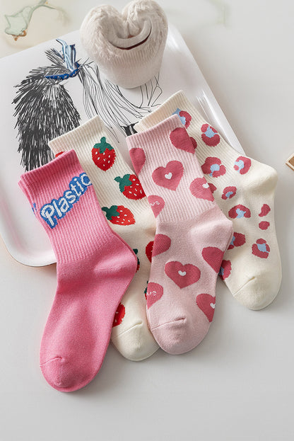 Light Pink Heart Print Ribbed Trim Soft Crew Socks