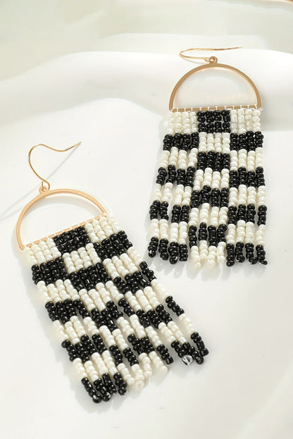 Black Checkered Beaded Tassel Bohemian Hoop Earrings