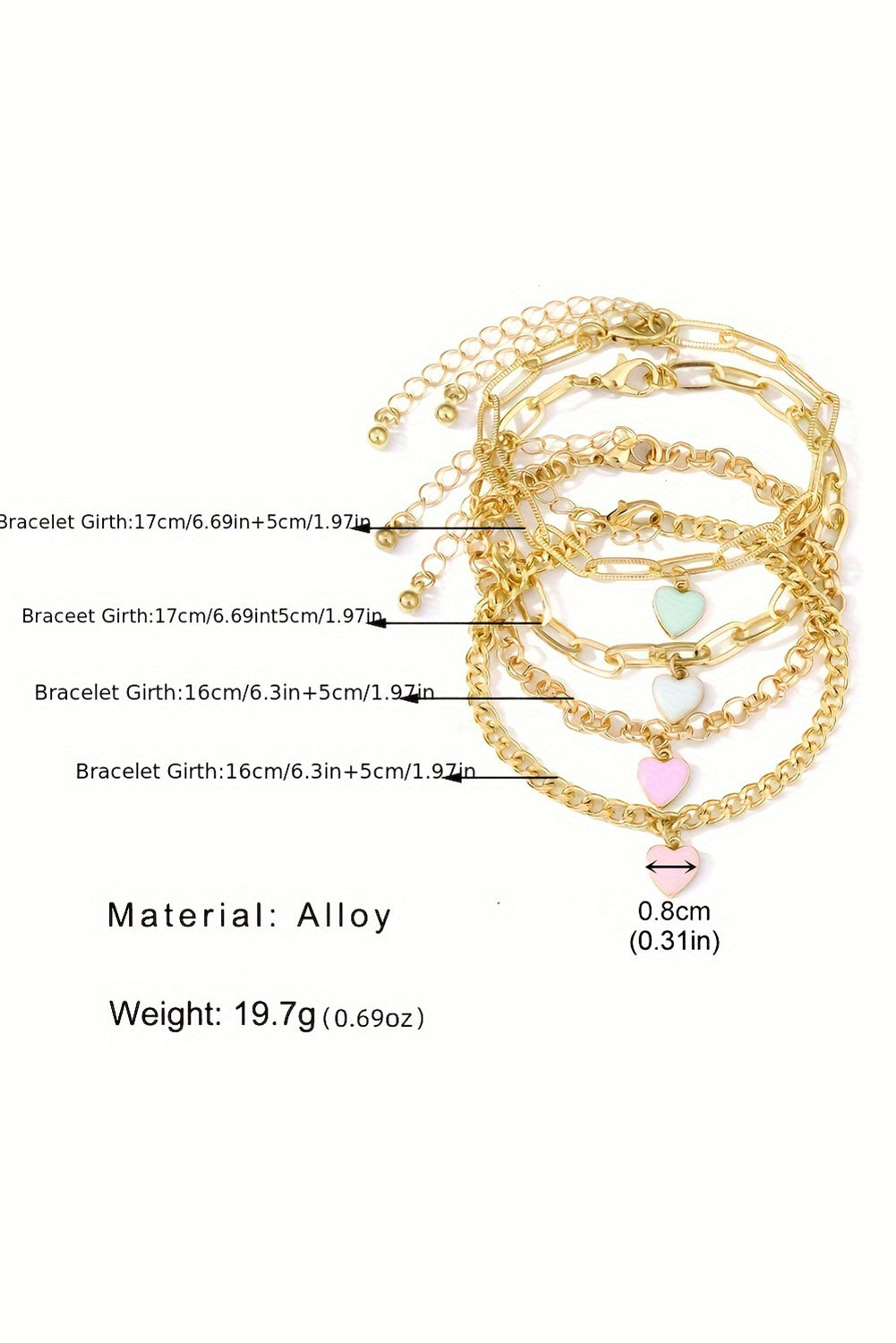 Gold Valentines Heart Multi Layer Adjustable Chain Bracelet