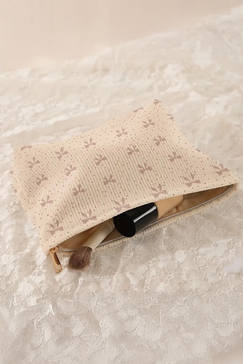 Parchment Bow Zipper Corduroy Makeup Bag