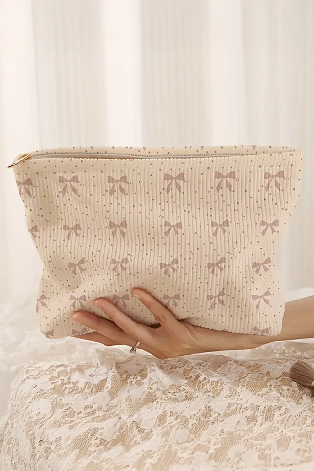 Parchment Bow Zipper Corduroy Makeup Bag